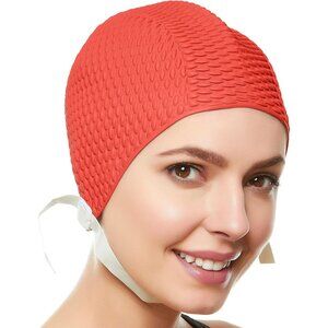 Beemo Swim Cap Women Chin Strap Bubble Crepe Latex Long Short Hair - Hot Pink
